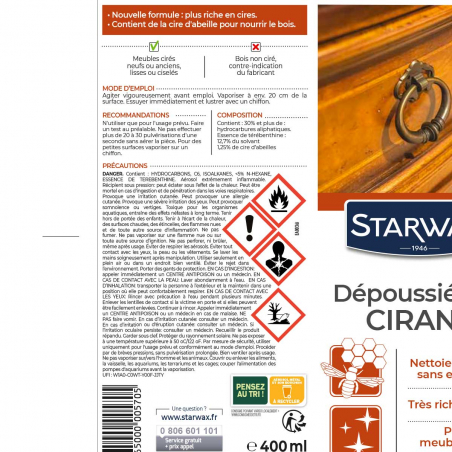 Nettoyant dépoussiérant cirant pour mobilier intérieur