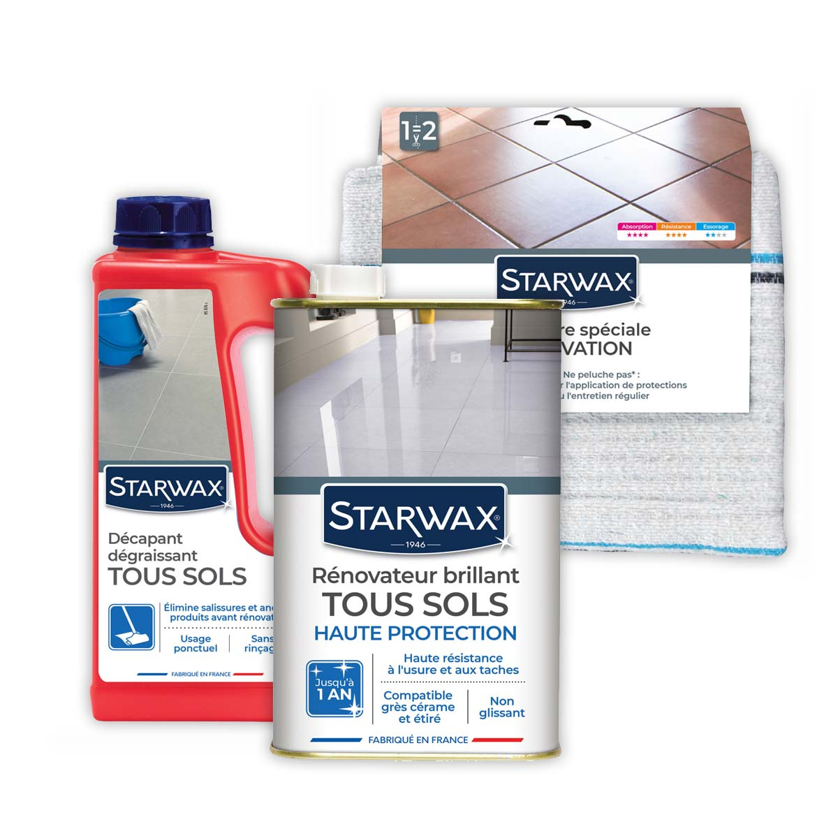 Pack entretien des sols intérieurs : décapant + rénovateur + shampoing  STARWAX