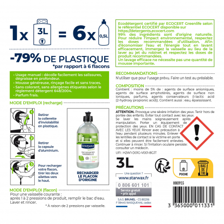 Gel vaisselle concentré éco-recharge 3L Ecocert