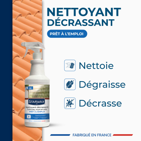 Nettoyant décrassant pour toitures, murs, et sols extérieurs