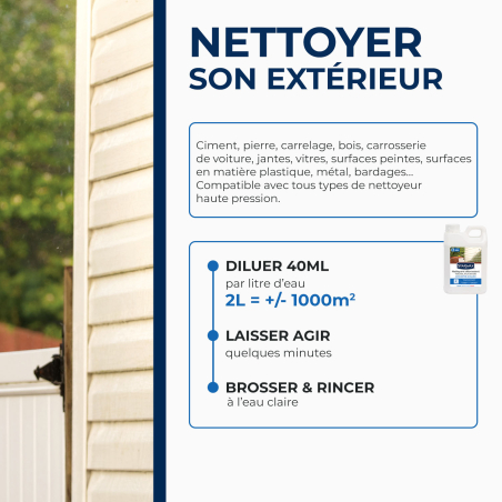 Nettoyant décrassant pour toitures, murs, et sols extérieurs