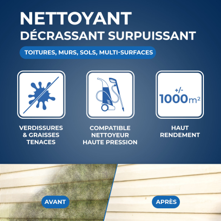 Nettoyant décrassant pour toitures, murs, et sols extérieurs