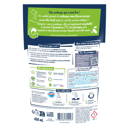 Recharge Liquide Vaisselle Mains Savon de Marseille spécial peaux sensibles Ecocert