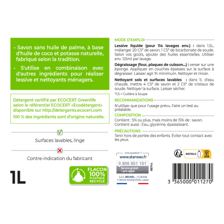 Savon de Marseille liquide sans huile de palme Ecocert